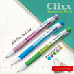 Flair Clixx Mechanical Pencil showcasing extra dark lead and refreshing body colors in pink, blue, and green.