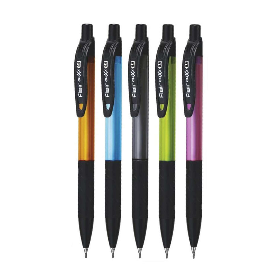 Flair Clixx Mechanical Pencil set featuring five vibrant colors with rubberized grip for comfort and control.