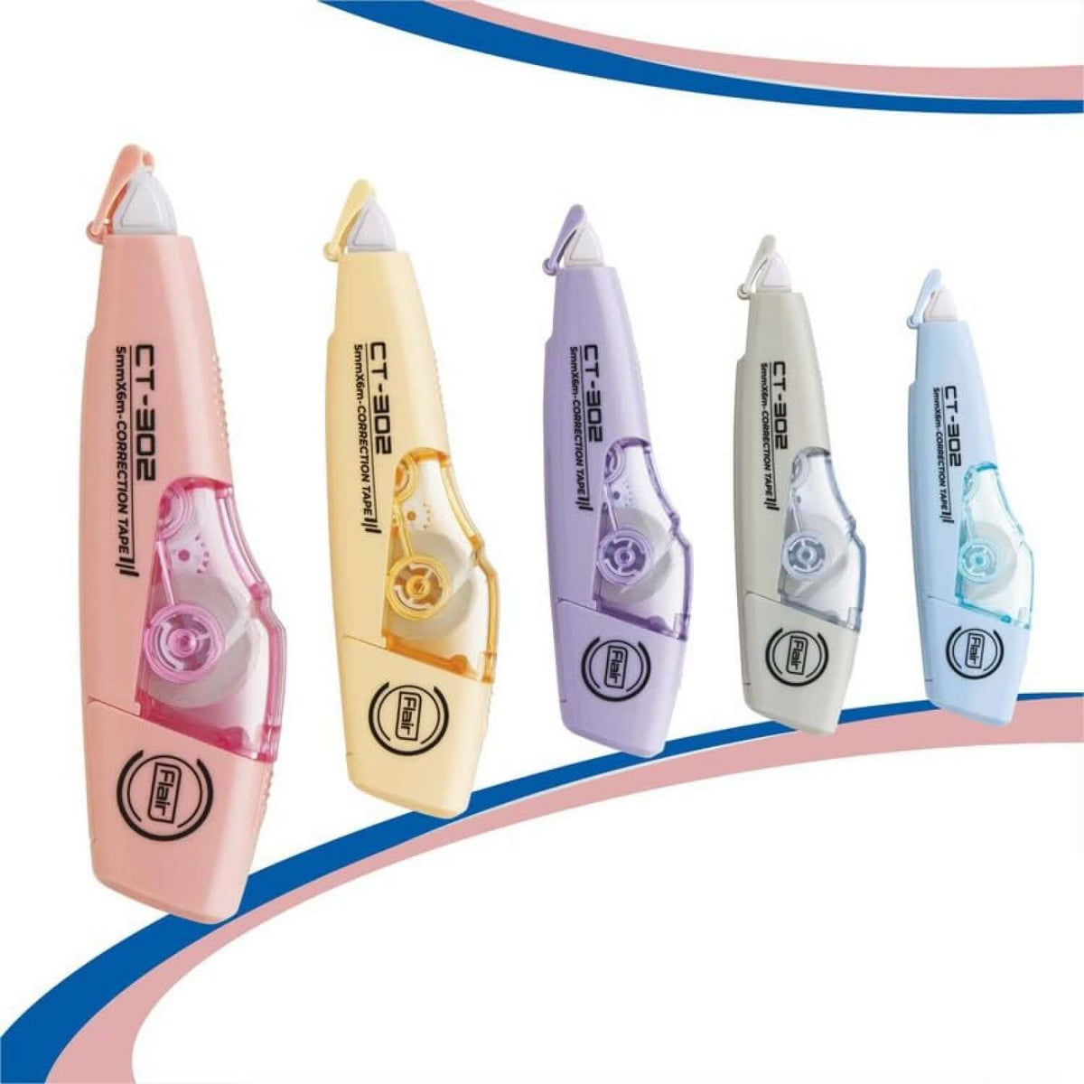 Flair Creative Correction Tape CT-302 | Pack of 1 in various colors including pink, yellow, purple, and blue.