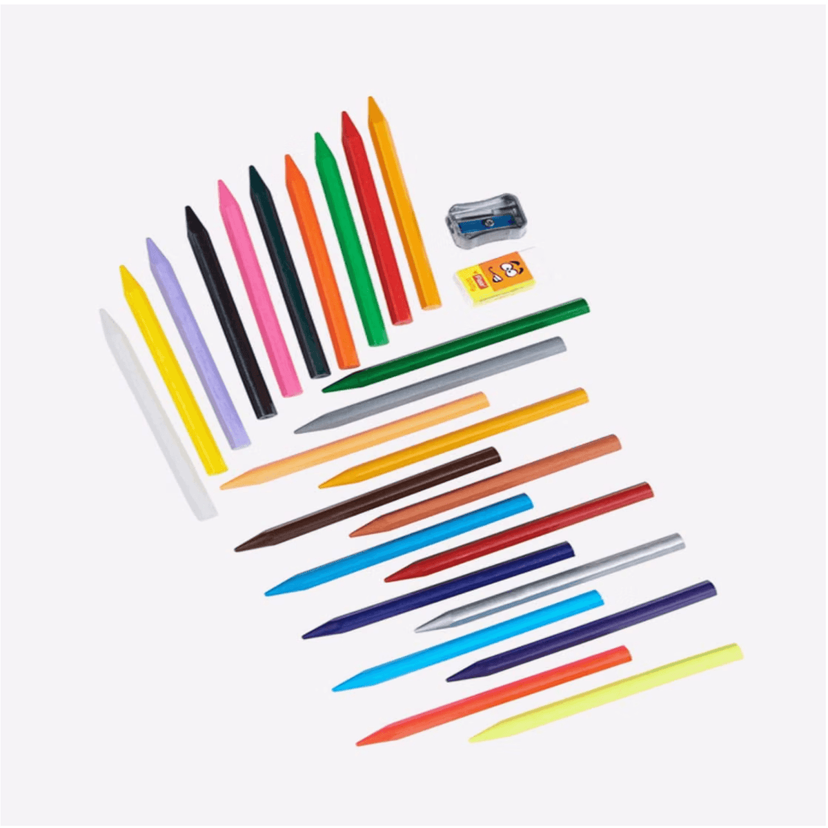 Flair Creative Erasable Jumbo Crayons 24 Shades displayed in a vibrant assortment of colors with a sharpener and eraser.