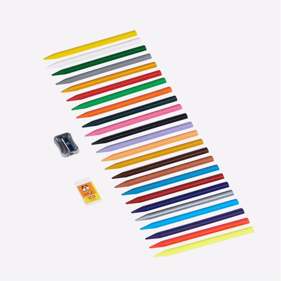 Flair Creative Erasable Jumbo Crayons 24 Shades arranged with sharpener and eraser on a white background.