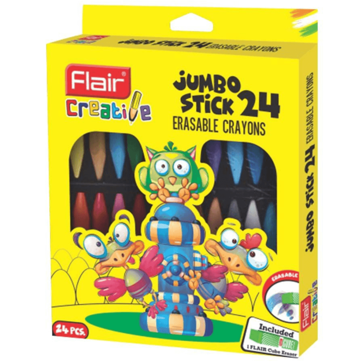 Flair Creative Erasable Jumbo Crayons 24 Shades vibrant box with colorful crayons and fun characters.