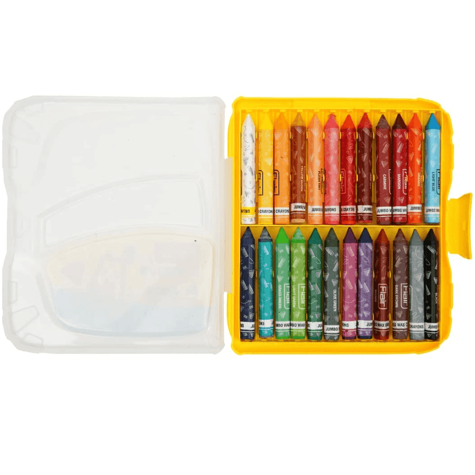 Flair Creative Triangular Wax Crayons 24 Shades in a yellow box, featuring vibrant colors for creative art.
