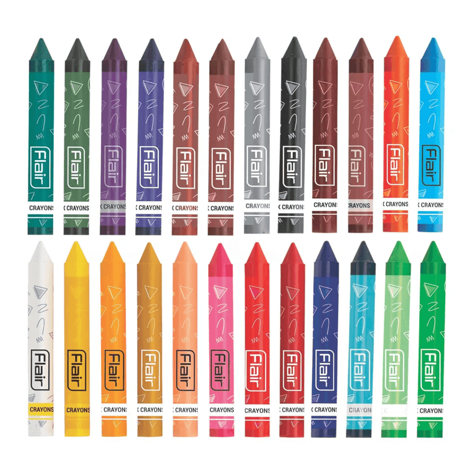 Flair Creative Triangular Wax Crayons 24 Shades in various colors arranged in a box for vibrant creativity.