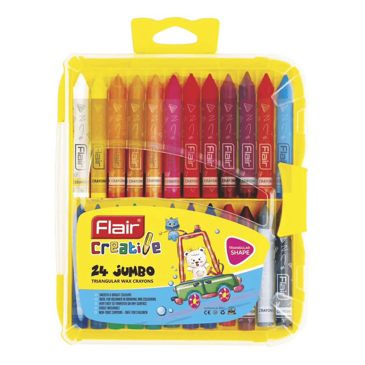 Flair Creative Triangular Wax Crayons 24 Shades pack showing various colors in a durable box.