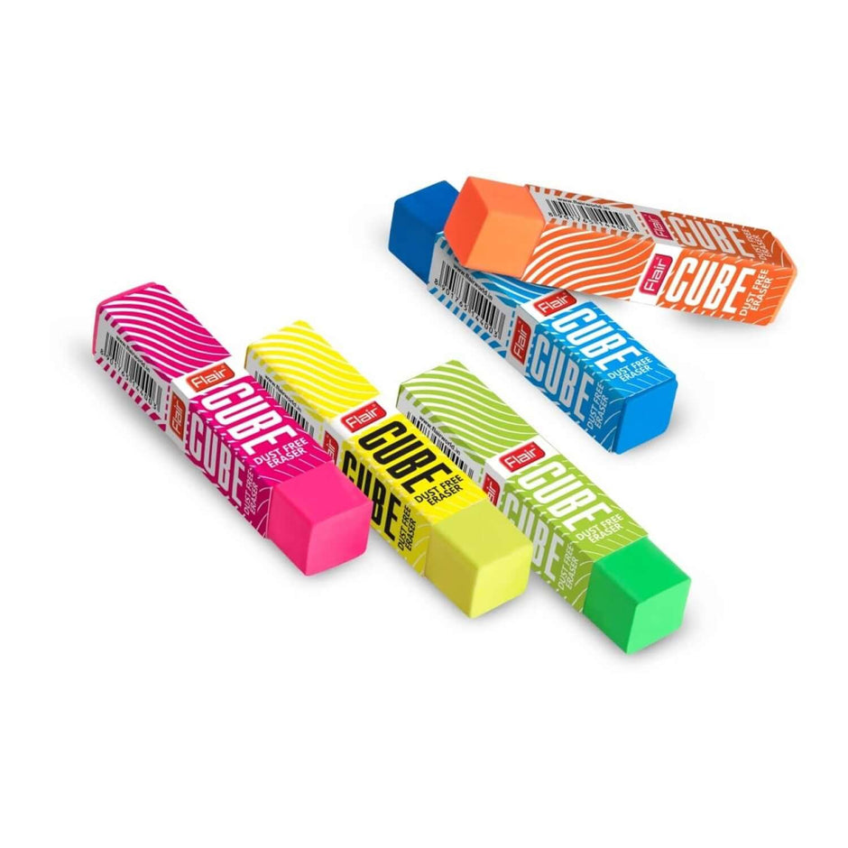 Flair Creative Cube Eraser | Pack of 1 in vibrant colors, showcasing precision erasing and a compact design.