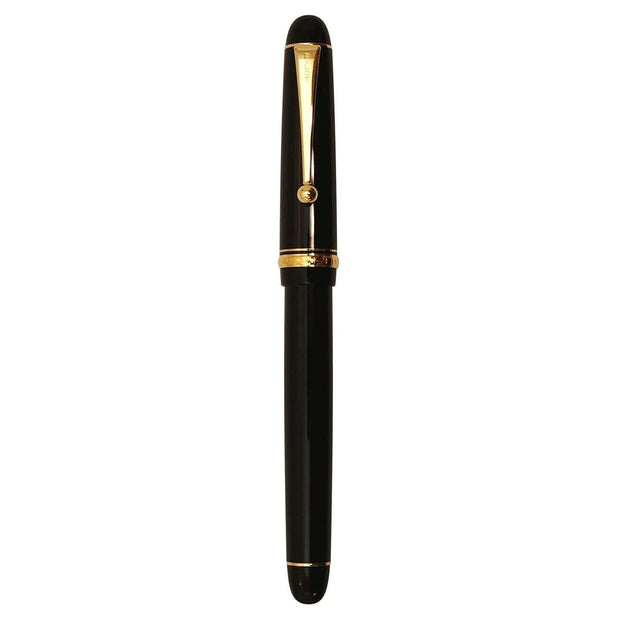 Pilot Custom 74 Black GT Fountain Pen elegantly displayed, showcasing its gold-plated trim and sleek black design.