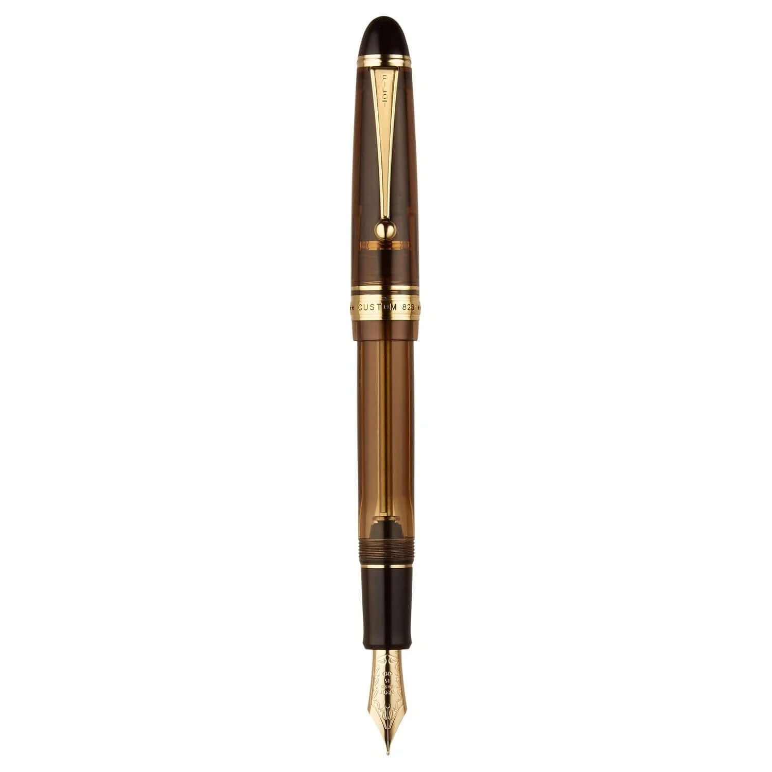 Pilot Custom 823 Amber Brown GT Fountain Pen showcased with elegant design and gold-plated trims.