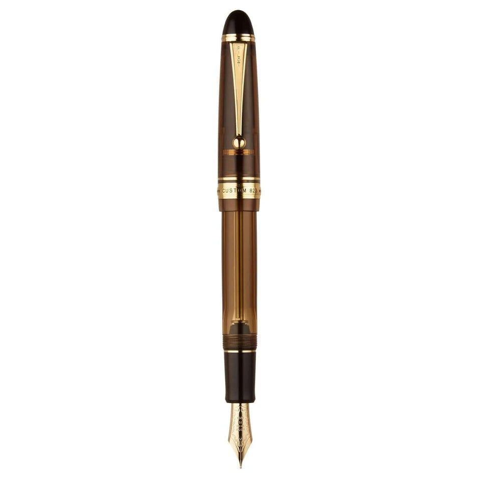 Pilot Custom 823 Amber Brown GT Fountain Pen showcased with elegant design and gold-plated trims.