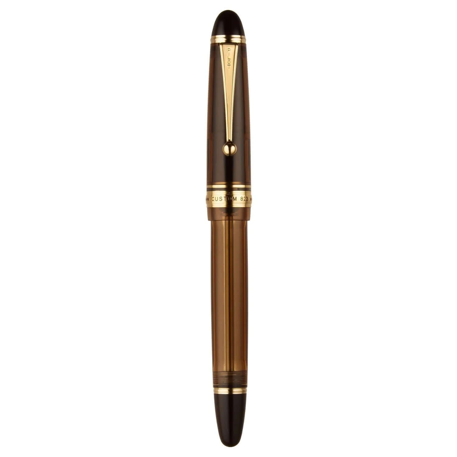 Pilot Custom 823 Amber Brown GT Fountain Pen with elegant gold-plated trims and innovative design.