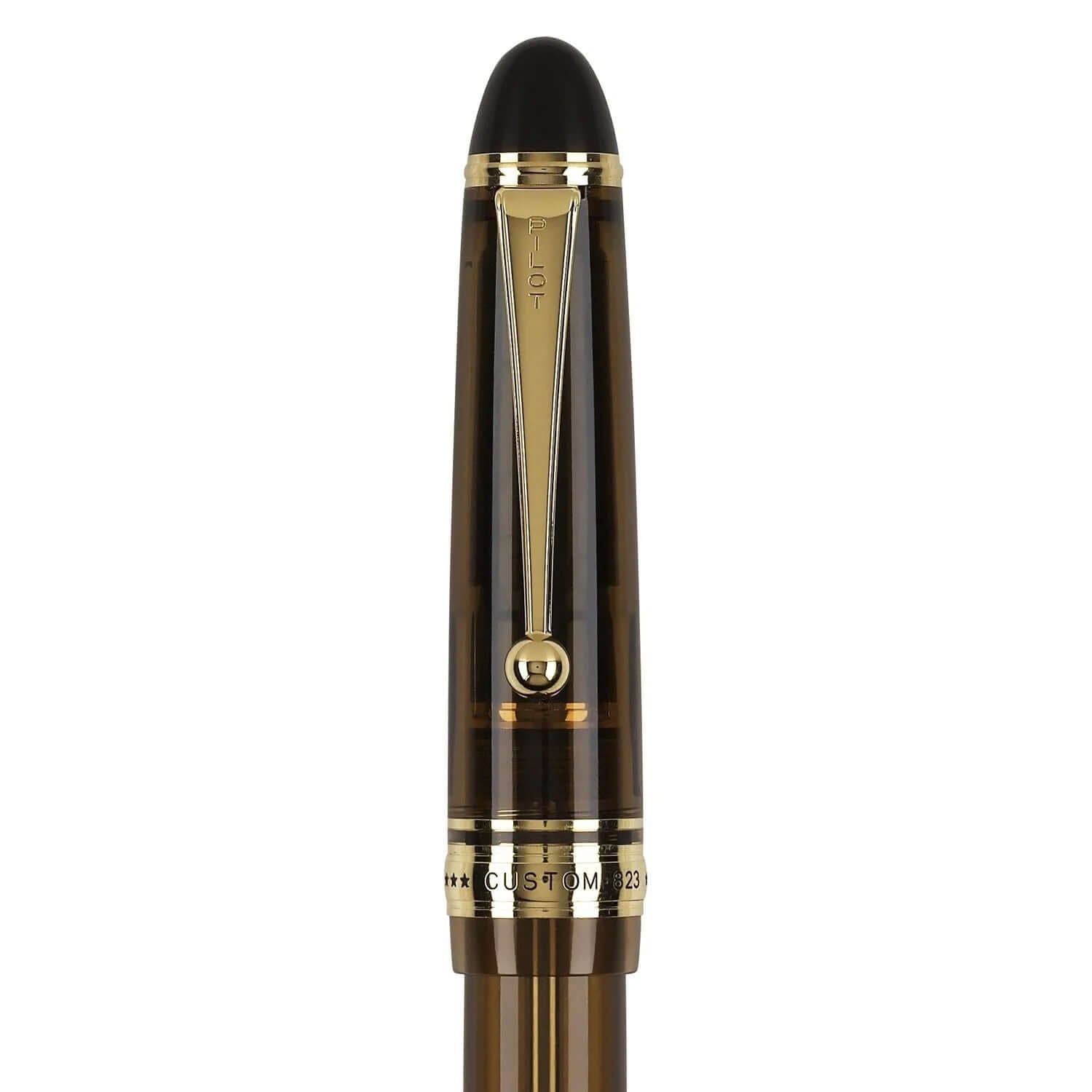 Pilot Custom 823 Amber Brown GT Fountain Pen close-up showing cap and gold trim details.
