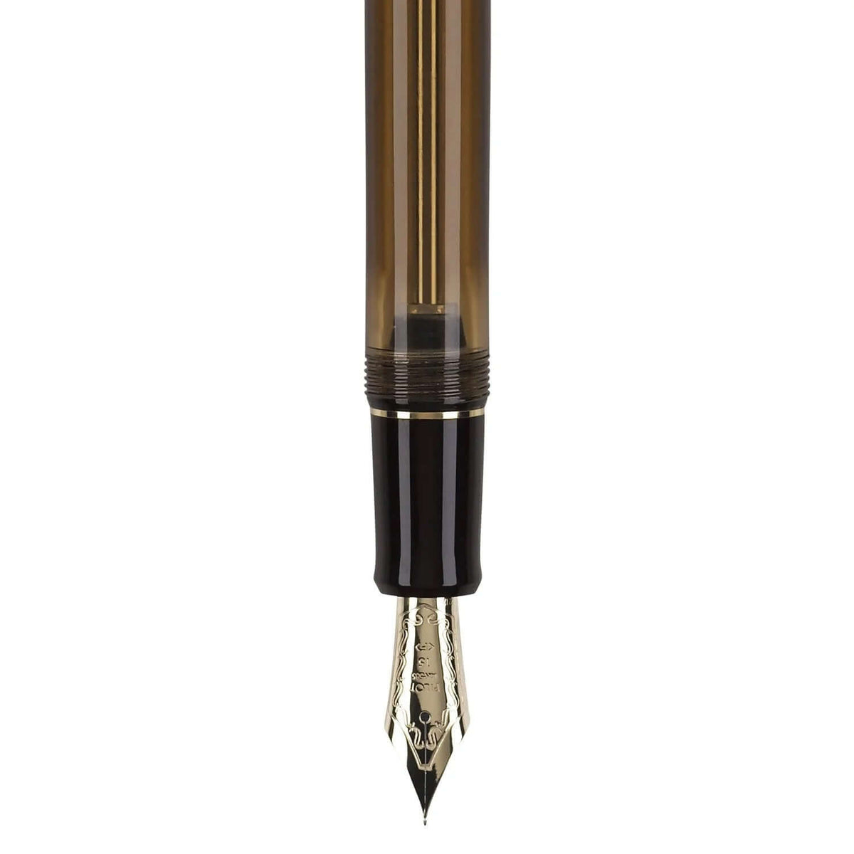 Pilot Custom 823 Amber Brown GT Fountain Pen nib and barrel with plunger filling mechanism.
