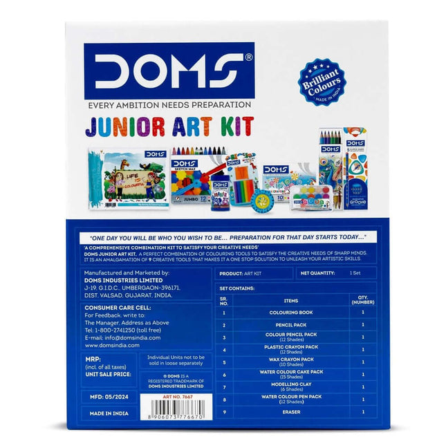 DOMS Junior Art Kit | Comes With Transparent Zipper Bag | Combination of 8 Stationery Items