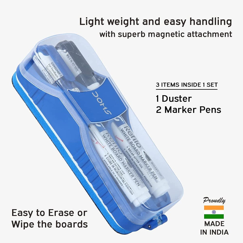 Doms Fine Magnetic Whiteboard Duster Marker Set | Easy to Wipe | Refillable White Board Marker with Good Grip | Set of 2 Markers & 1 Duster