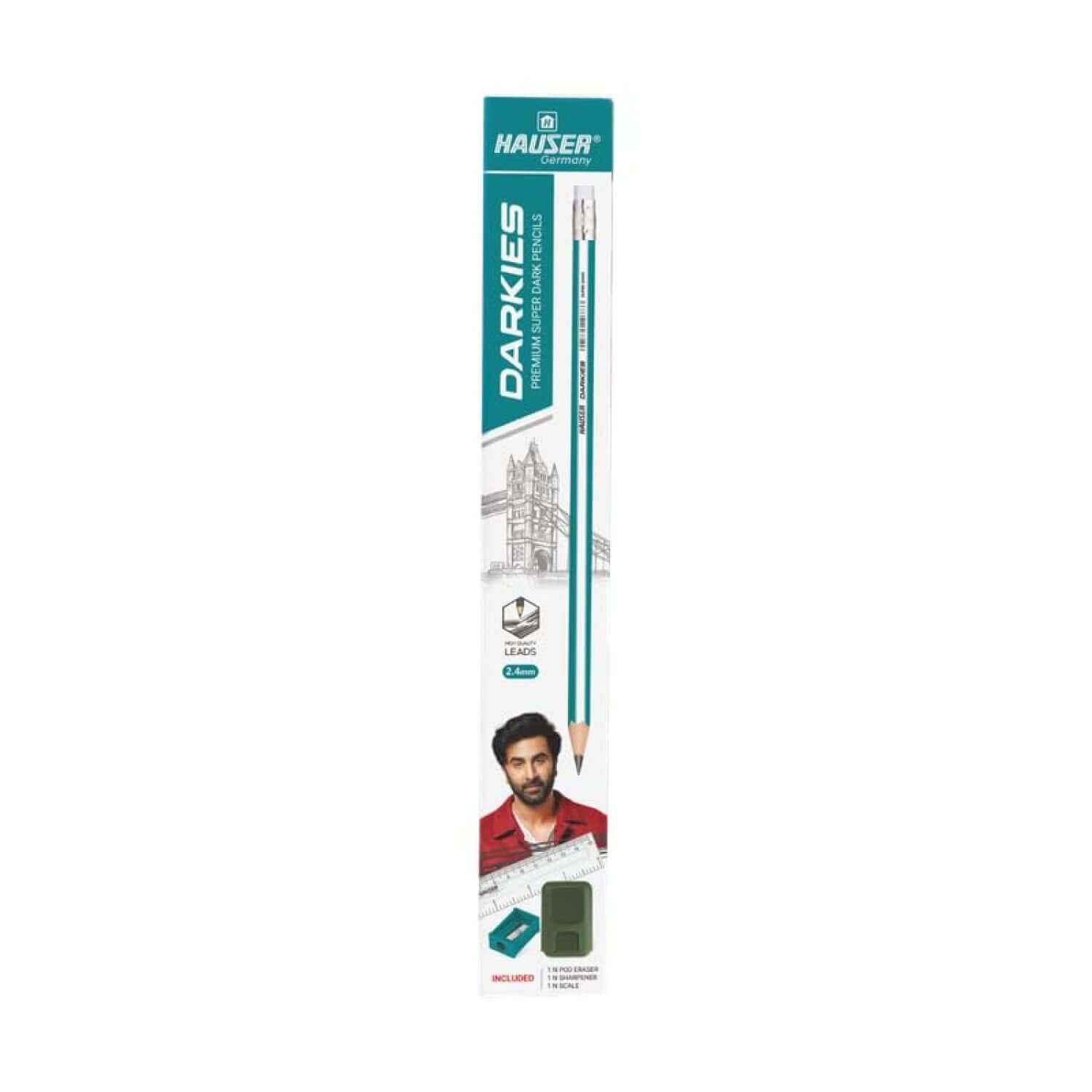 Hauser Artz Darkies Super Dark Pencil | Includes Scale, Eraser and Sharpener packaging with scale, eraser, and sharpener included.