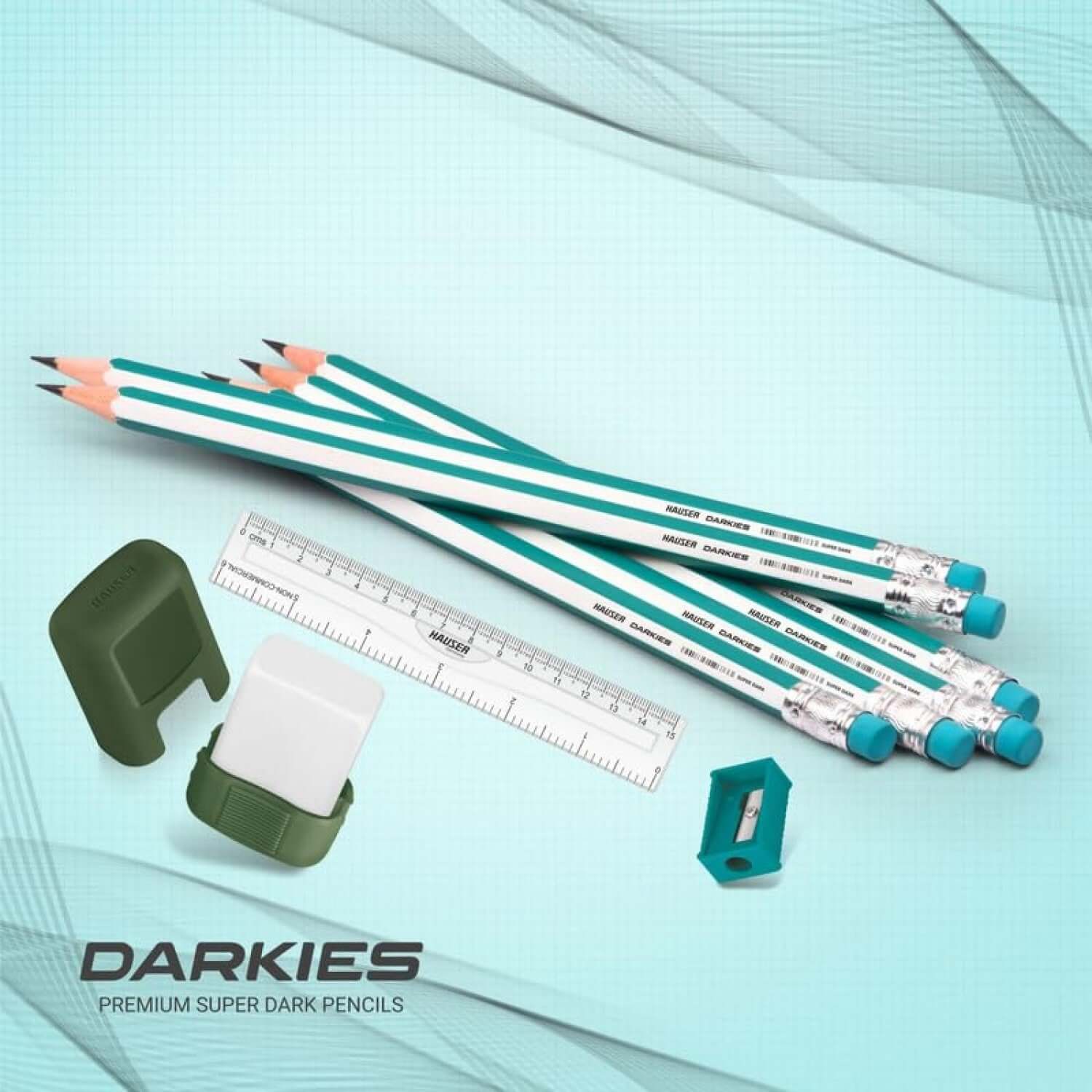 Hauser Artz Darkies Super Dark Pencil | Includes Scale, Eraser and Sharpener, showcasing pencils and accessories
