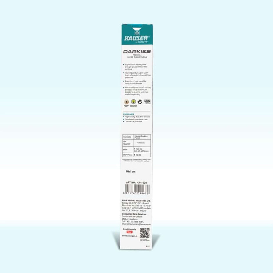 Hauser Artz Darkies Super Dark Pencil | Includes Scale, Eraser and Sharpener packaging with details.