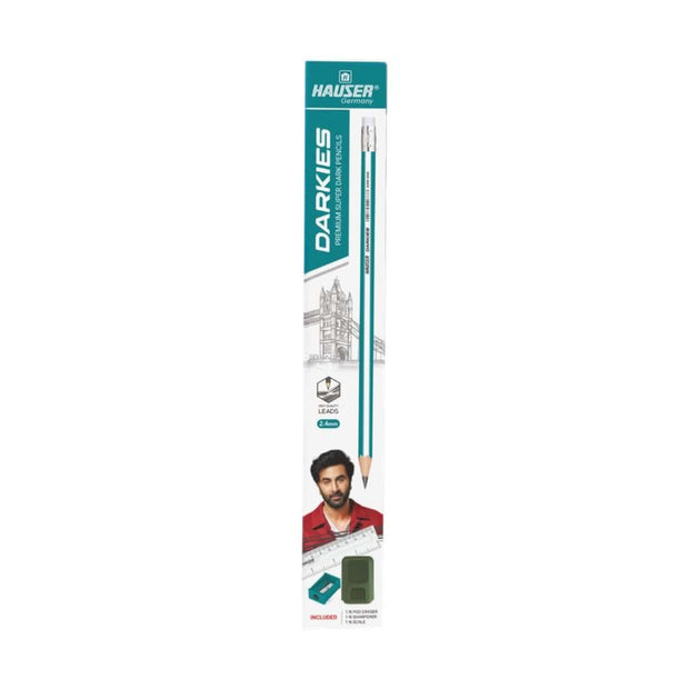 Hauser Artz Darkies Super Dark Pencil | Includes Scale, Eraser and Sharpener packaging with scale, eraser, and sharpener included.