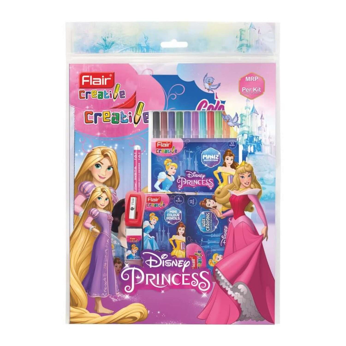 Flair Creative Disney Princess 100 Kit | Stationery Kit of 9 Items packaging featuring Disney characters and colorful stationery.
