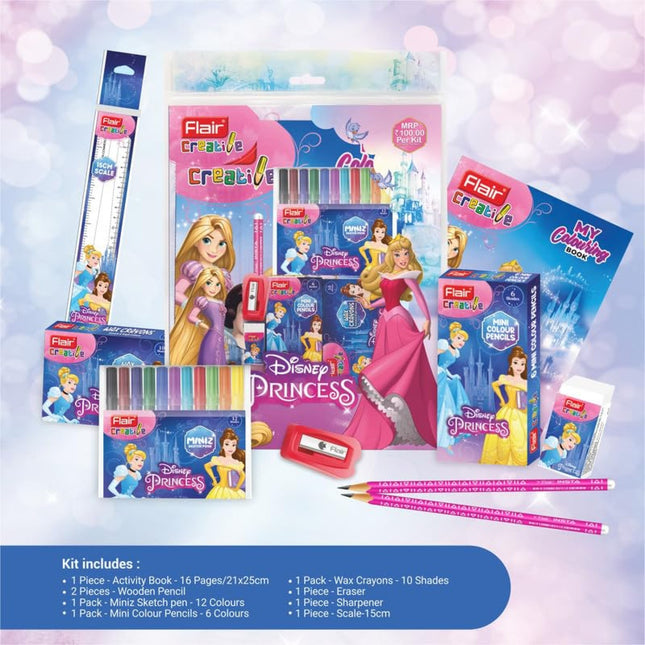 Flair Creative Disney Princess 100 Kit | Stationery Kit of 9 Items