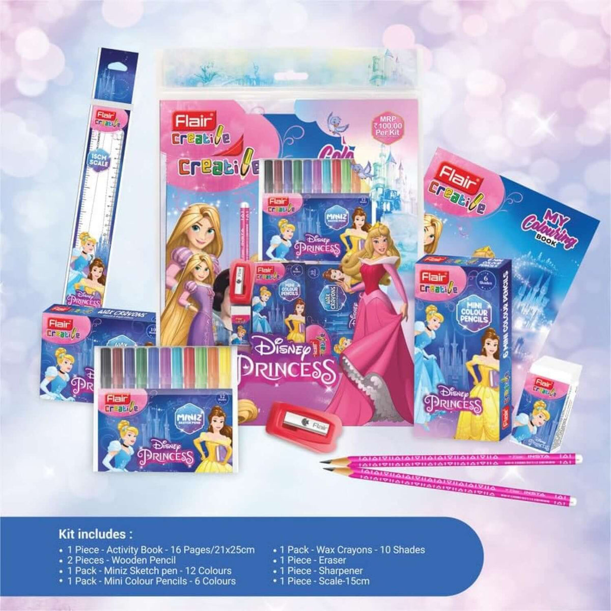 Flair Creative Disney Princess 100 Kit | Stationery Kit of 9 Items featuring coloring supplies and characters