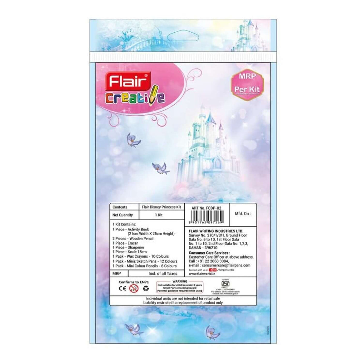 Flair Creative Disney Princess 100 Kit | Stationery Kit of 9 Items packaging with castle illustration and product details.