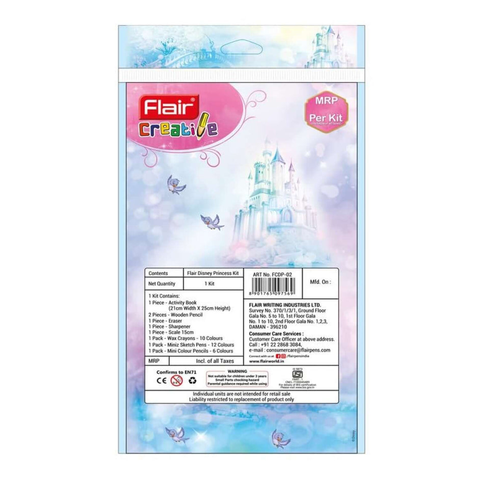 Flair Creative Disney Princess 100 Kit | Stationery Kit of 9 Items packaging with castle illustration and product details.