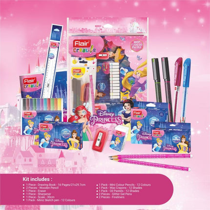 Flair Creative Disney Princess 200 Kit | Stationery Kit of 14 Items featuring stationery supplies and Disney Princess characters.