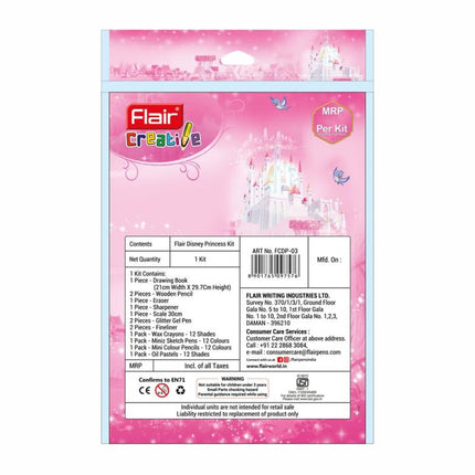 Flair Creative Disney Princess 200 Kit | Stationery Kit of 14 Items back packaging details