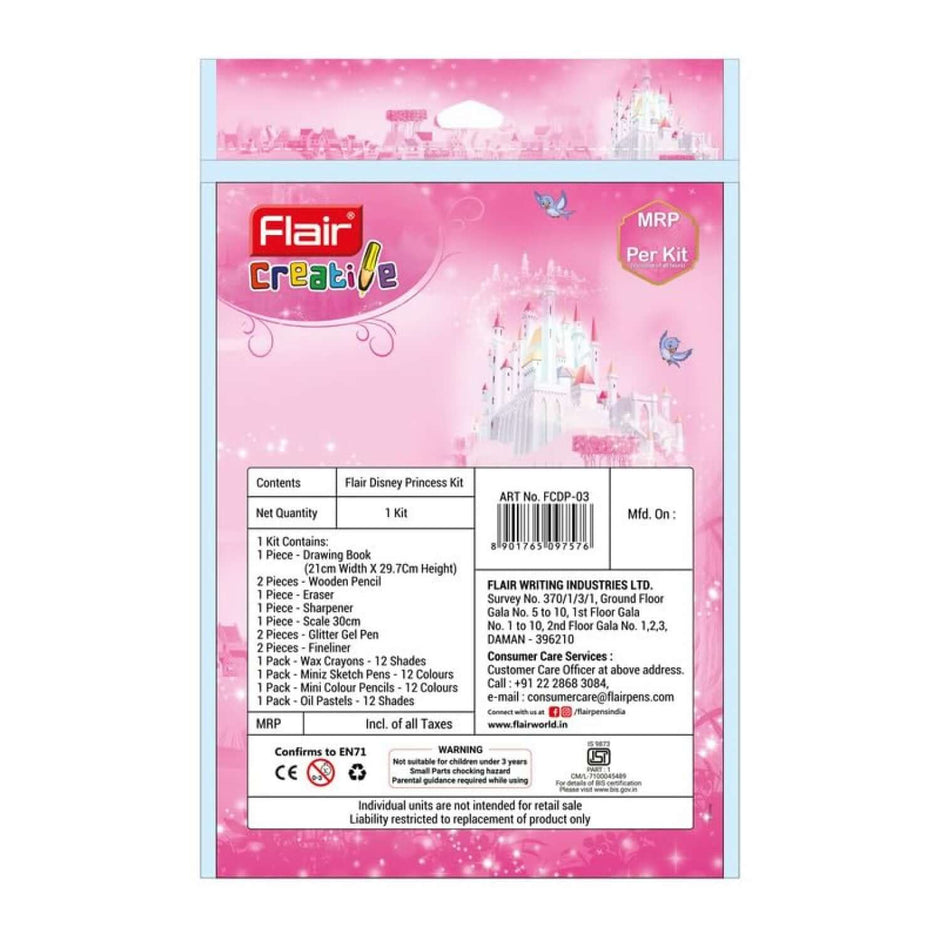 Flair Creative Disney Princess 200 Kit | Stationery Kit of 14 Items back packaging details