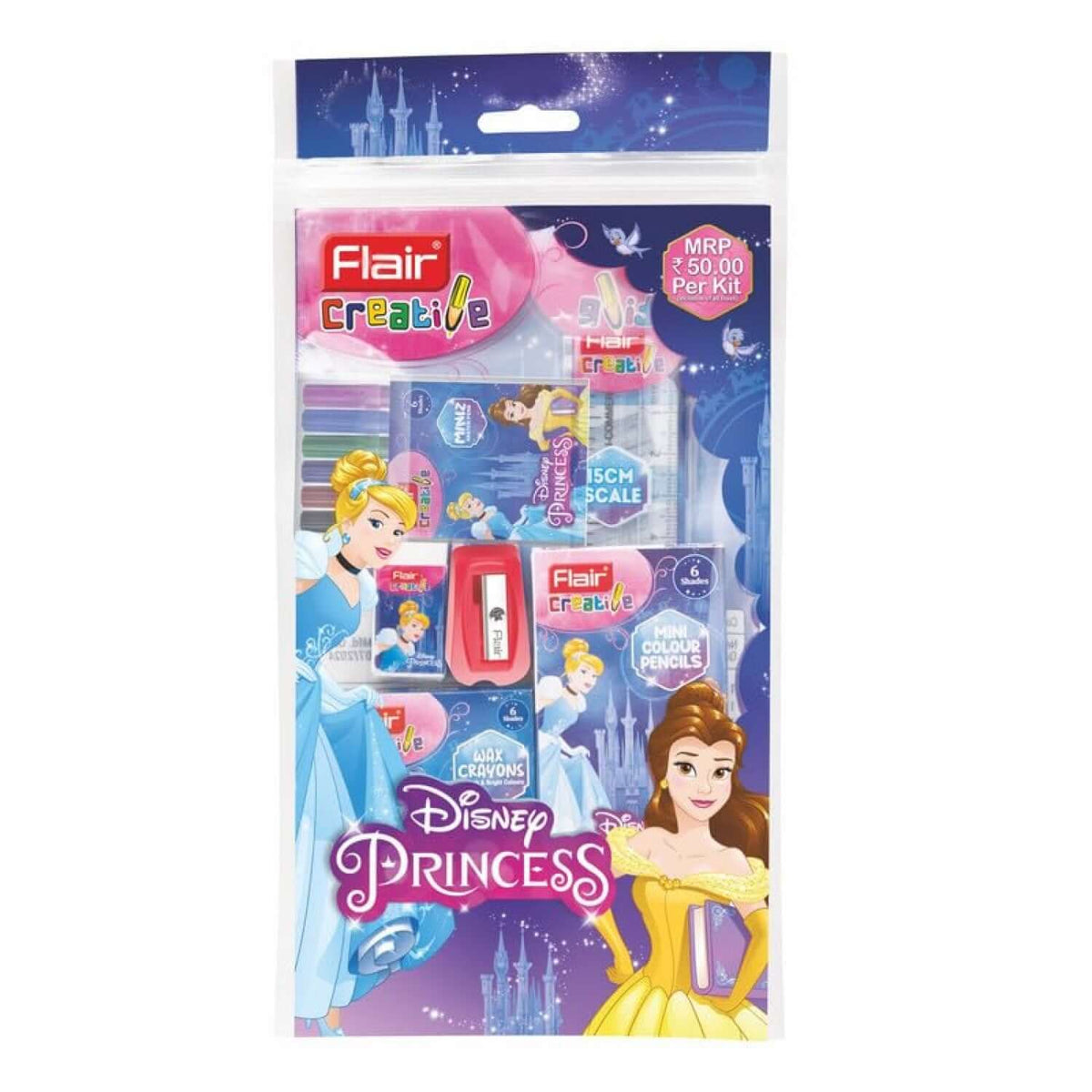 Flair Creative Disney Princess 50 Kit | Stationery Kit of 7 Items featuring Disney characters and stationery essentials.