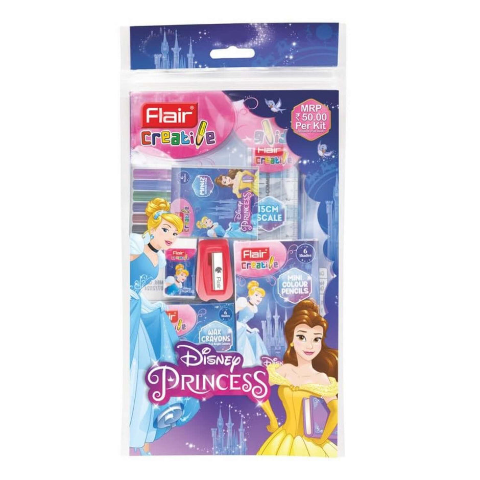 Flair Creative Disney Princess 50 Kit | Stationery Kit of 7 Items featuring Disney characters and stationery essentials.