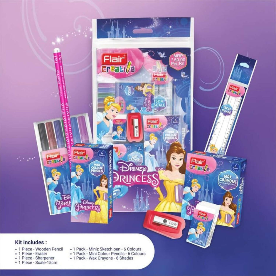 Flair Creative Disney Princess 50 Kit | Stationery Kit of 7 Items including pencils, erasers, and crayons.