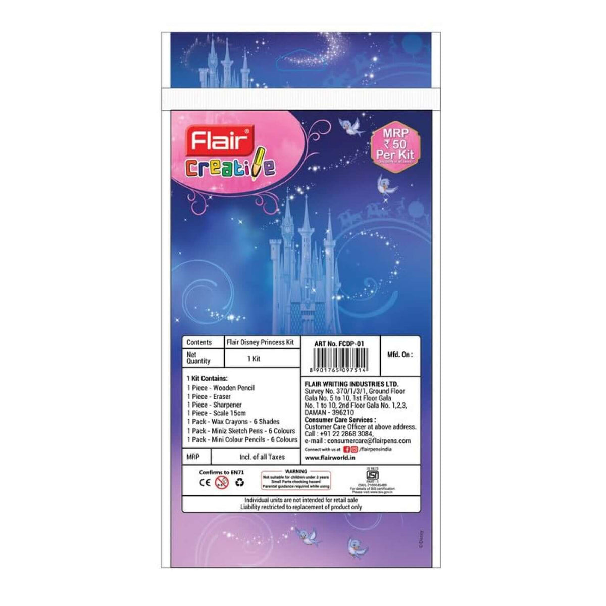 Flair Creative Disney Princess 50 Kit | Stationery Kit of 7 Items packaging back view with contents and price information.