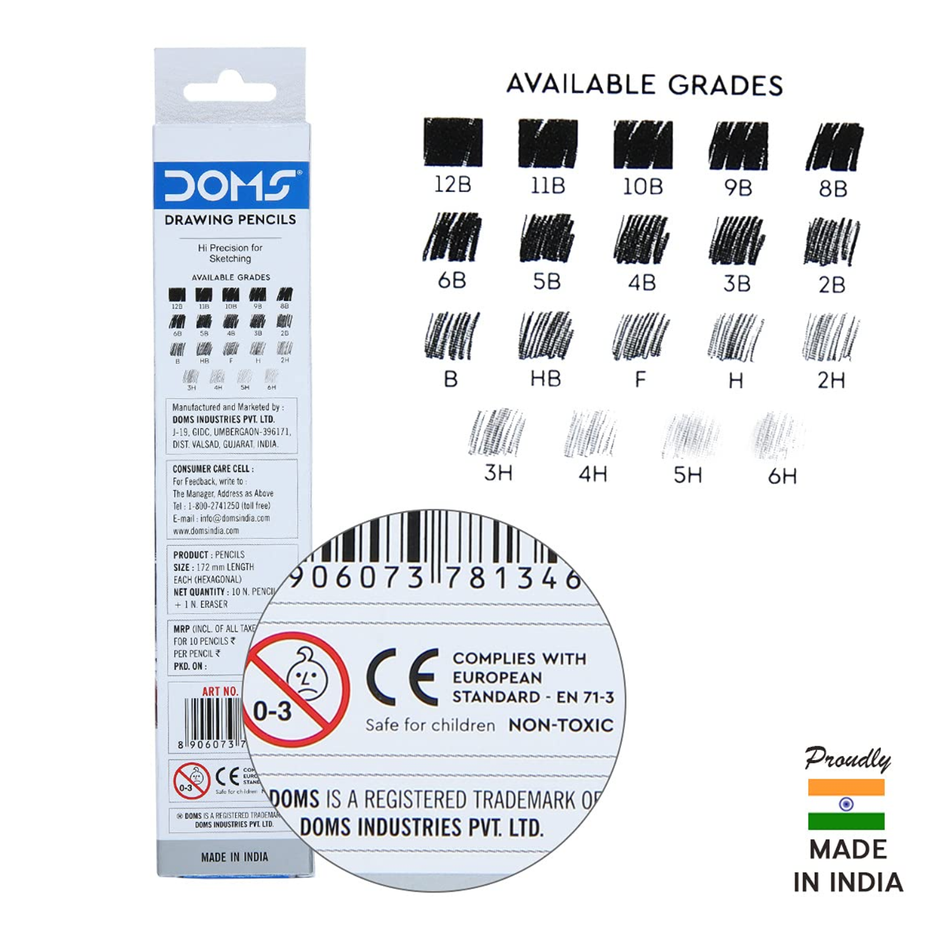 Doms Drawing Pencils | Pack of 10 | Includes Eraser
