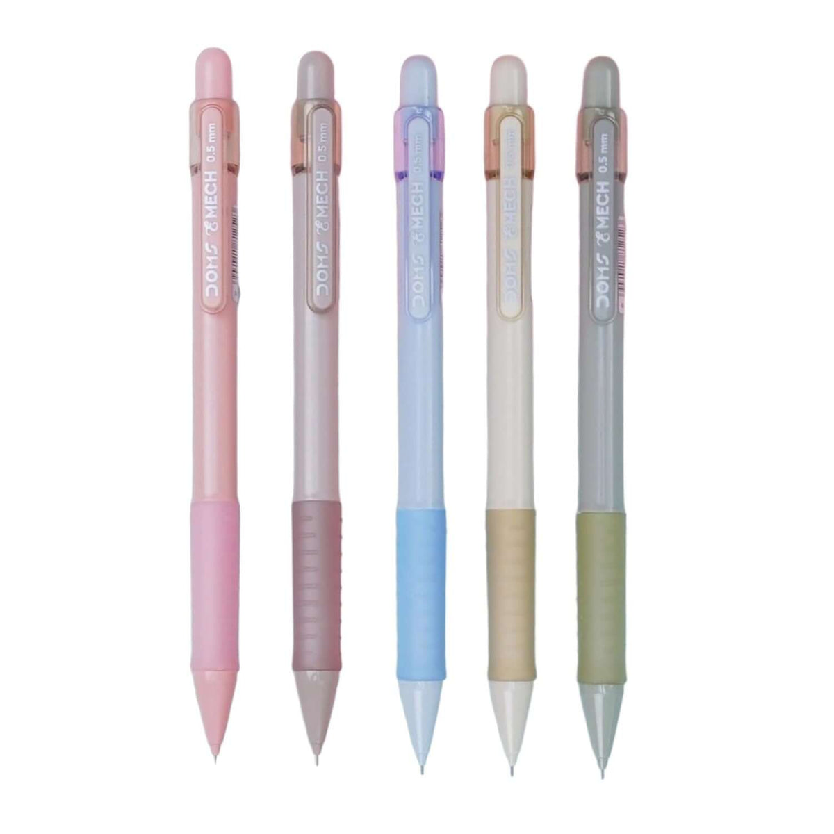 DOMS E-Mech 0.5mm Mechanical Pencil in various pastel shades: pink, lavender, blue, white, and sage green.