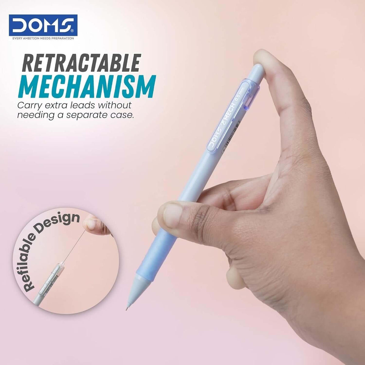DOMS E-Mech 0.5mm Mechanical Pencil showcasing retractable mechanism for easy lead storage.