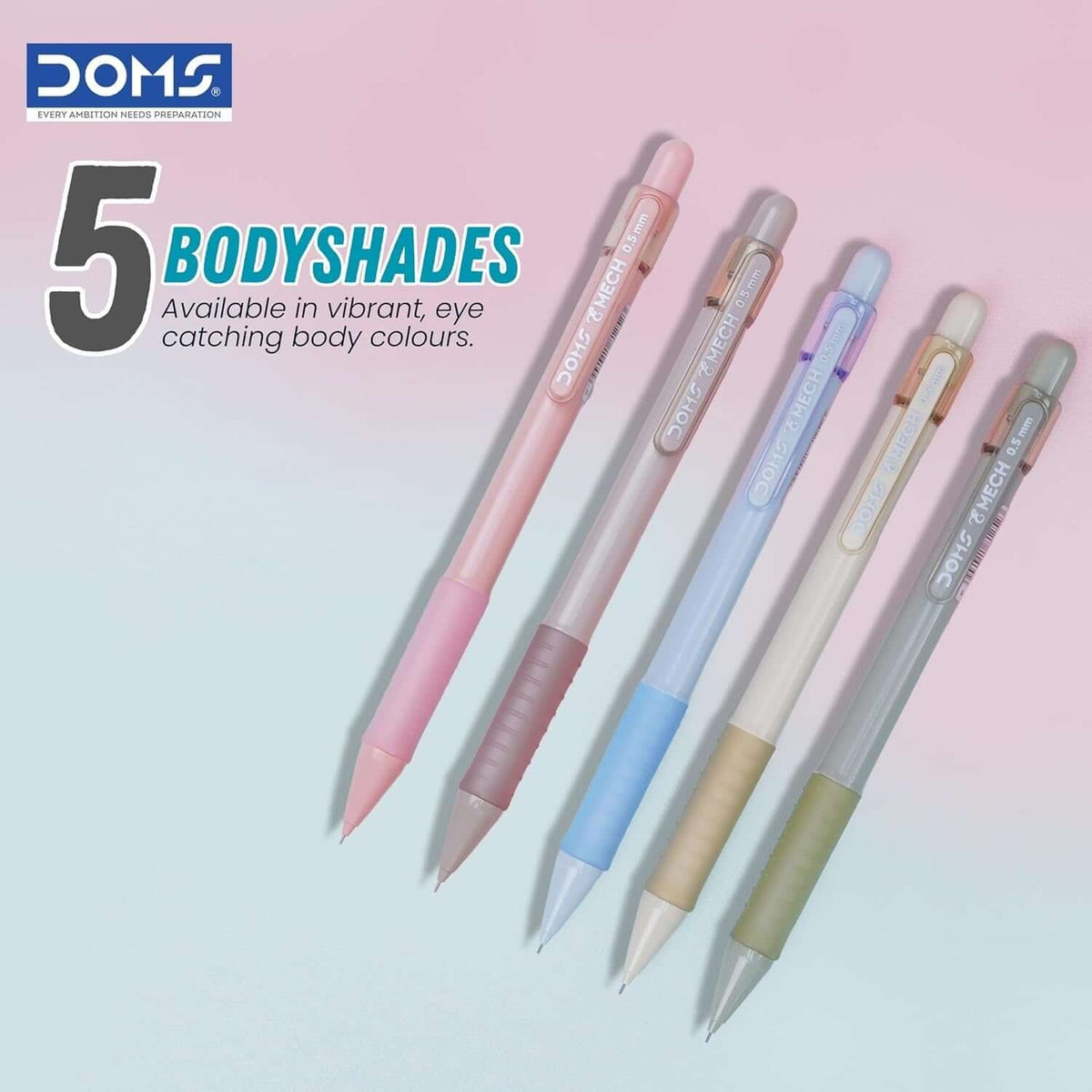DOMS E-Mech 0.5mm Mechanical Pencil available in five vibrant body shades including pink, blue, lavender, white, and sage green.