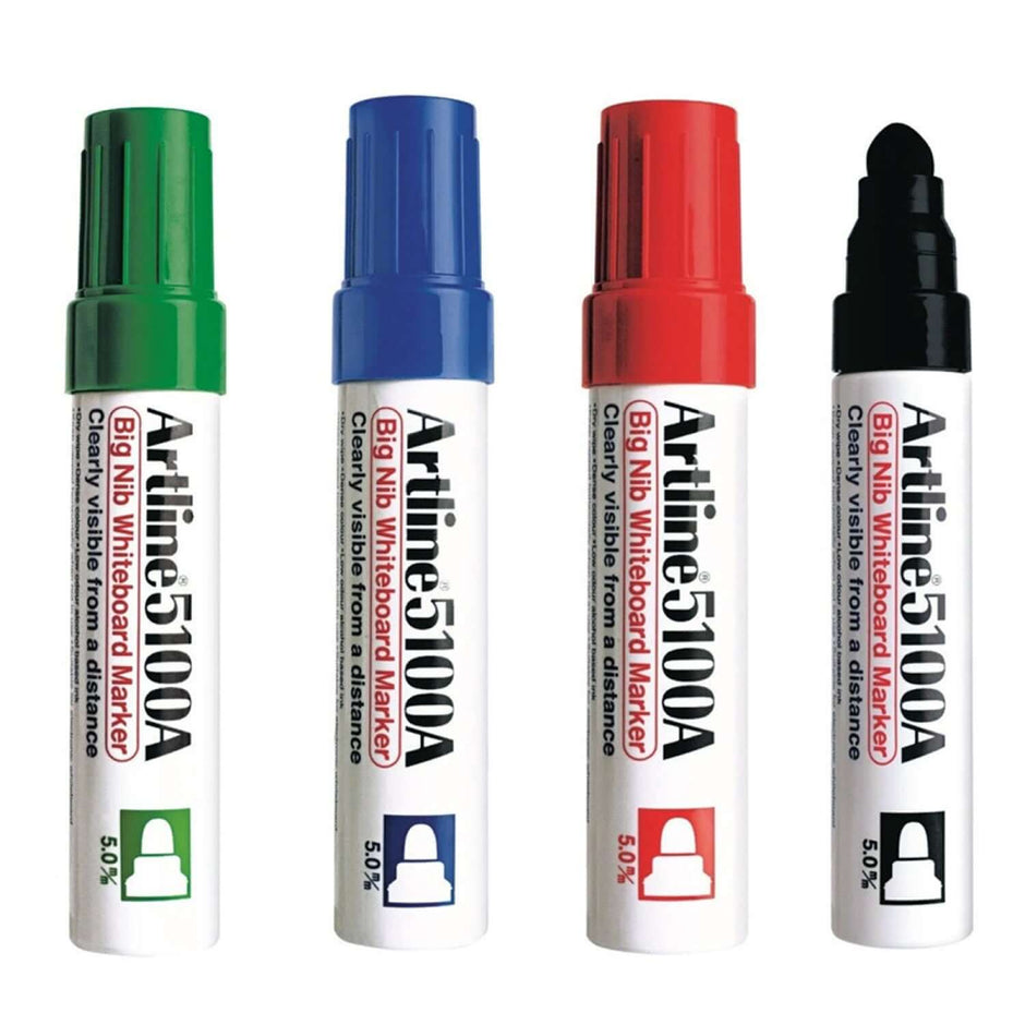 Artline EK-5100A White Board Marker | Ink Colour - Blue, Black, Red and Green - group of markers on white background.