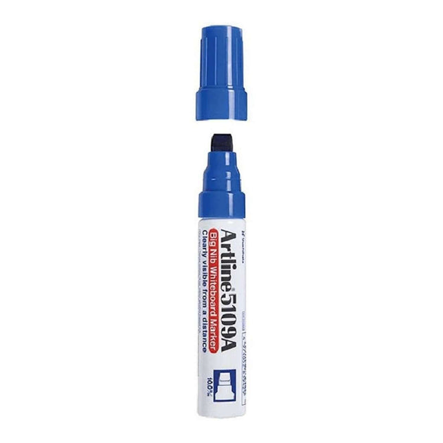 Artline EK-5109A White Board Marker | Ink Colour - Blue, Black, Red and Green, blue marker with bold nib and cap off.