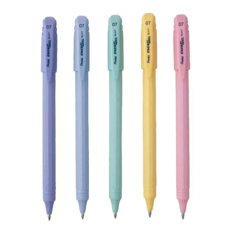 Pentel Energel BL417 Pastel Body Roller Gel Pen | Ink Colour - Blue with pastel colors of purple, blue, green, yellow, and pink.