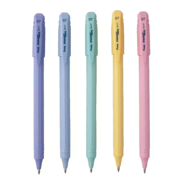 Pentel Energel BL417 Pastel Body Roller Gel Pen | Ink Colour - Blue with pastel colors of purple, blue, green, yellow, and pink.