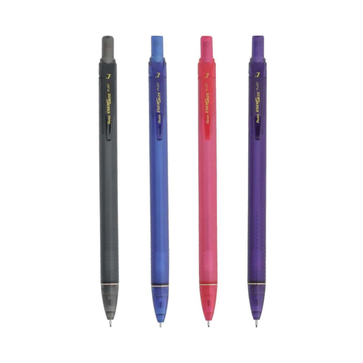 Pentel Energize PL437 Mechanical Pencil 0.7mm in four colors including black, blue, pink, and purple.