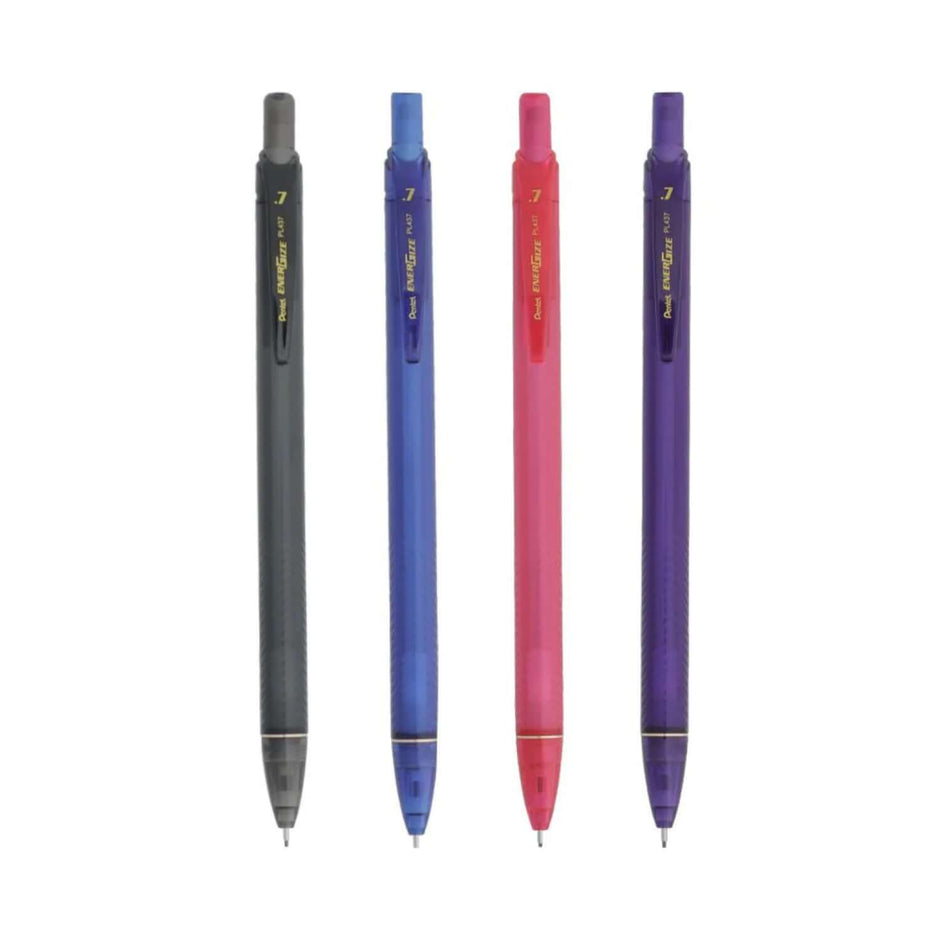 Pentel Energize PL437 Mechanical Pencil 0.7mm in four colors including black, blue, pink, and purple.