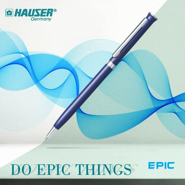 Hauser Epic Ball Pen | Ink Colour - Blue showcased with a modern design and elegant blue waves in the background.