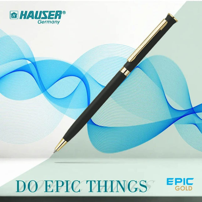 Hauser Epic Gold Ball Pen | Ink Colour - Blue against a stylish blue wave background with inspirational text.