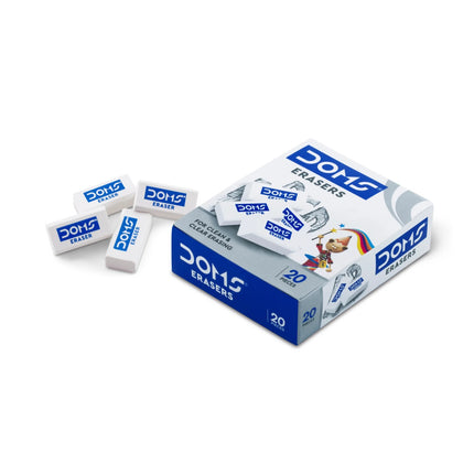 DOMS Eraser | Pack of 20, featuring white erasers and branded packaging, ideal for clean and effective erasing.