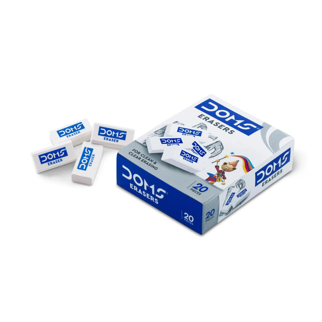 DOMS Eraser | Pack of 20, featuring white erasers and branded packaging, ideal for clean and effective erasing.