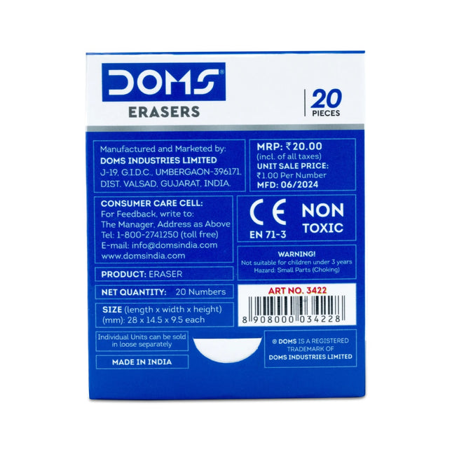DOMS Eraser | Pack of 20 packaging showing details including quantity and non-toxic label.