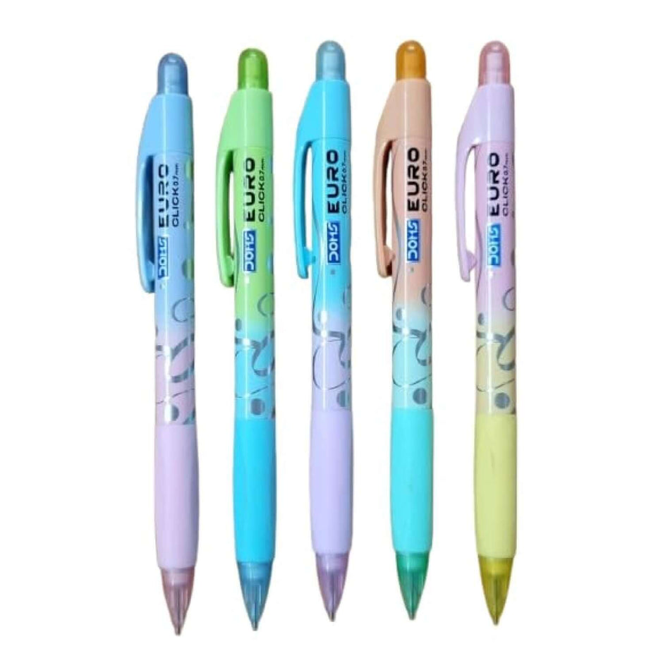 Five DOMS Euro Click 0.7mm Mechanical Pencils in various soothing colors.